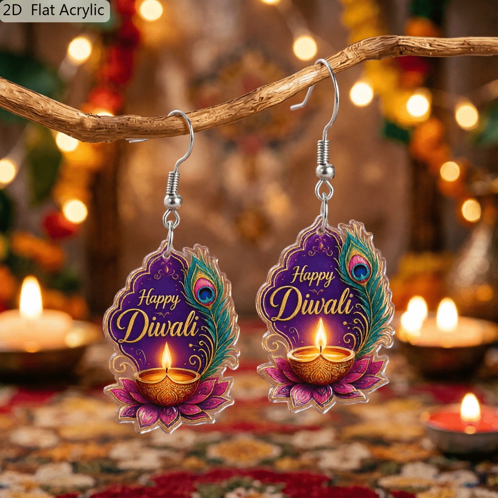Indian Peacock Feather Diya & Lotus Acrylic Dangle Earrings